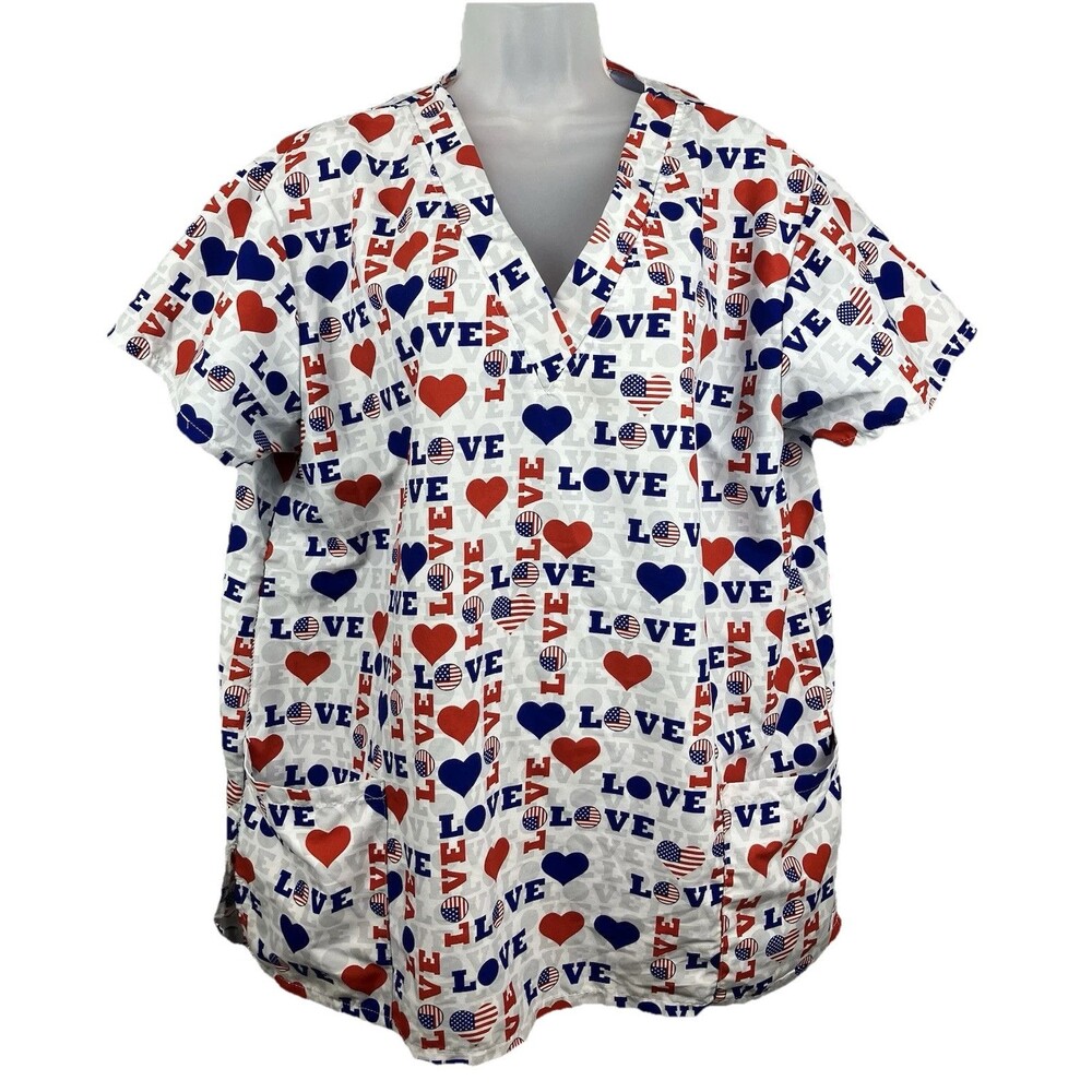 Cassandra O Pullover V-Neck Medical Scrub Top XL Red White Blue LOVE Patriotic